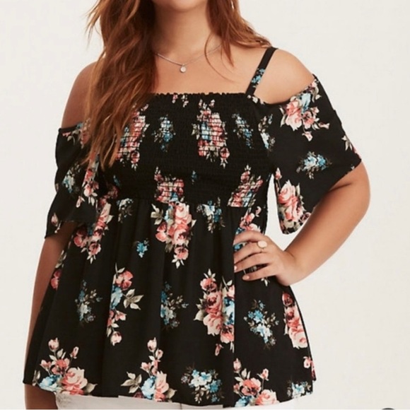 torrid Tops - Torrid Black Floral Flowy Smocked Cold Shoulder Top